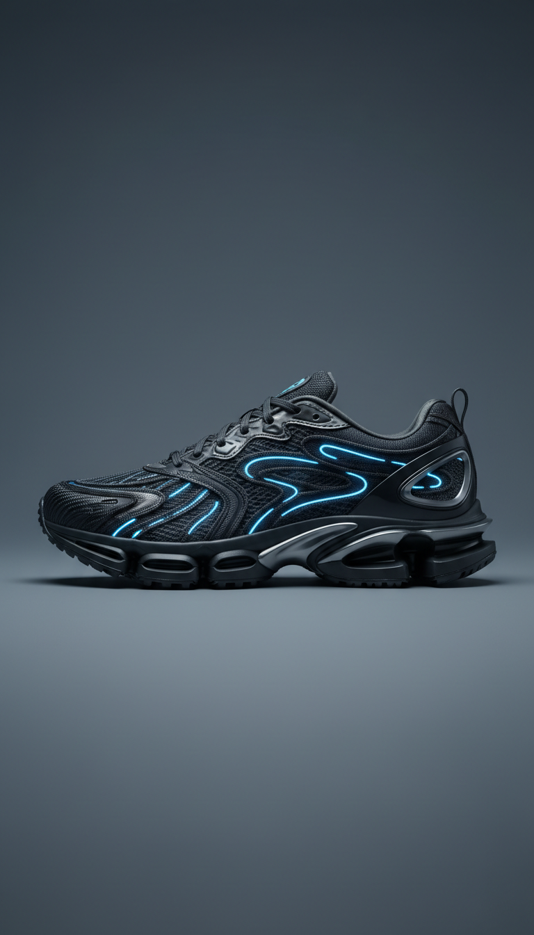 Photograph a high-tech fabric sneaker centered on a minimalistic Slate Gray background, highlighting its innovative...
