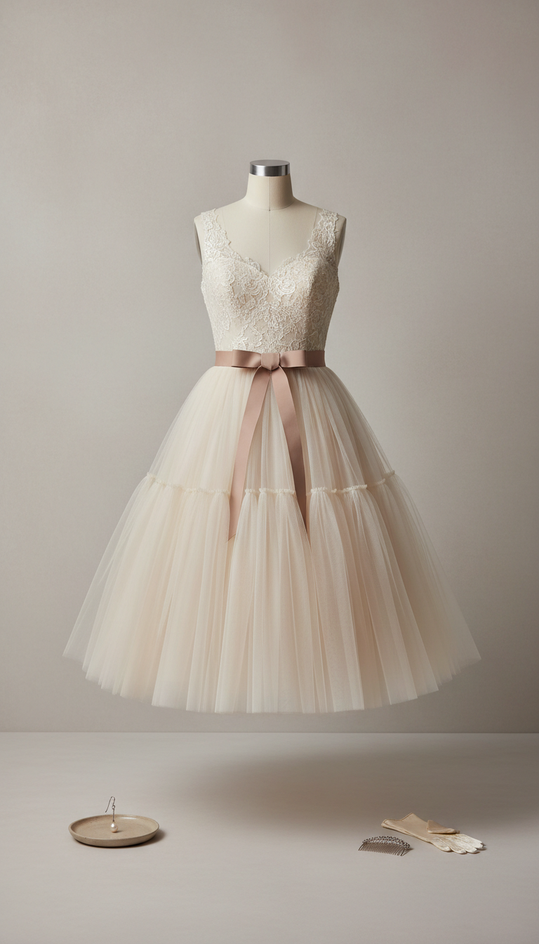 1950s tulle tea-length bridal dress with ribbon sash, Three-quarter angle as default—gown displayed on a dress form or...
