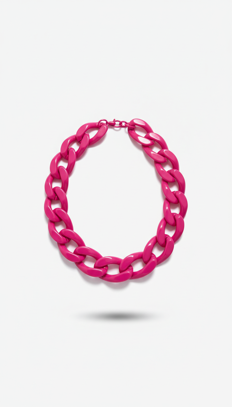 Chunky electric fuchsia chain necklace, Default: 3/4 angle ‘hero’ shot at eye level against a flat-color backdrop (white...