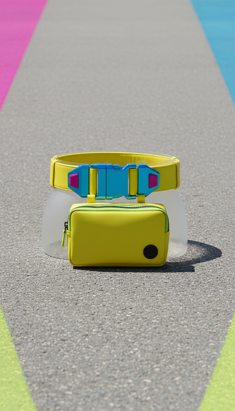 Rave yellow statement belt and pouch, Product-focused shots use a classic 3/4 angle at hip-to-chest height to highlight...