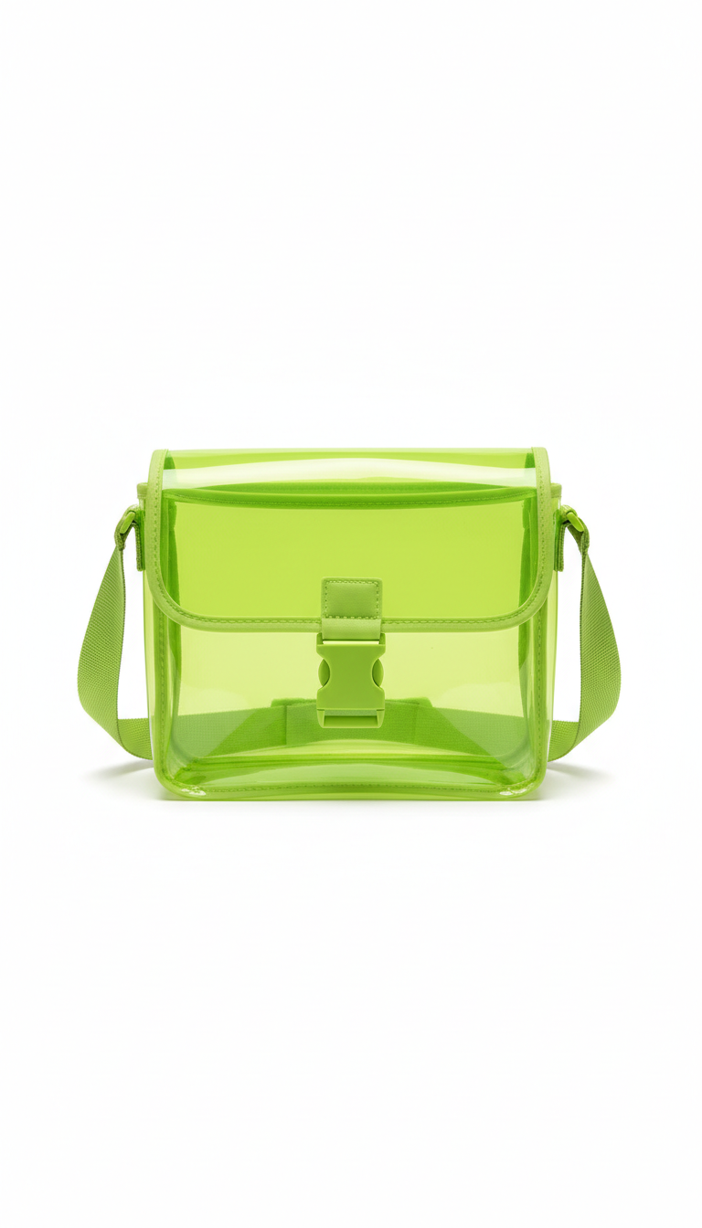 A Lime Green transparent crossbody bag is centered in the frame, ensuring sharp detail and clarity. Soft, highlighting its...