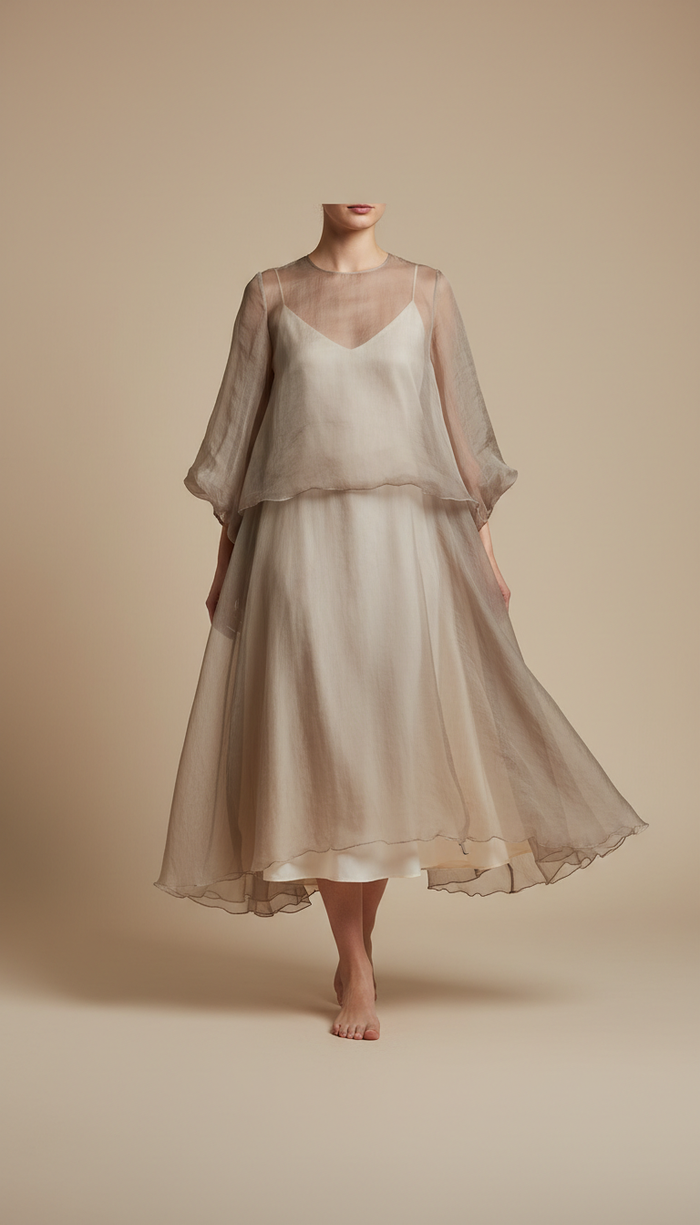 Organza overlay midi dress, Garments photographed on-body at a gentle three-quarter angle against a seamless backdrop in...