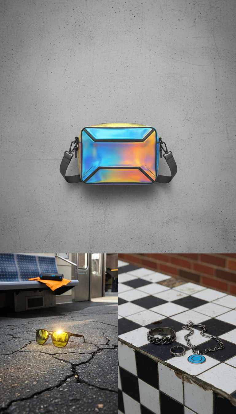 Holographic crossbody mini bag, Three-quarter angle product shots styled as found objects in situ: a gadget resting on a...