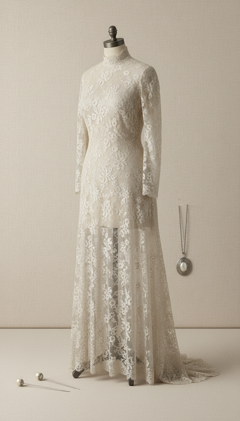 Edwardian lace high-neck bridal gown, Three-quarter angle as default—gown displayed on a dress form or model against a...
