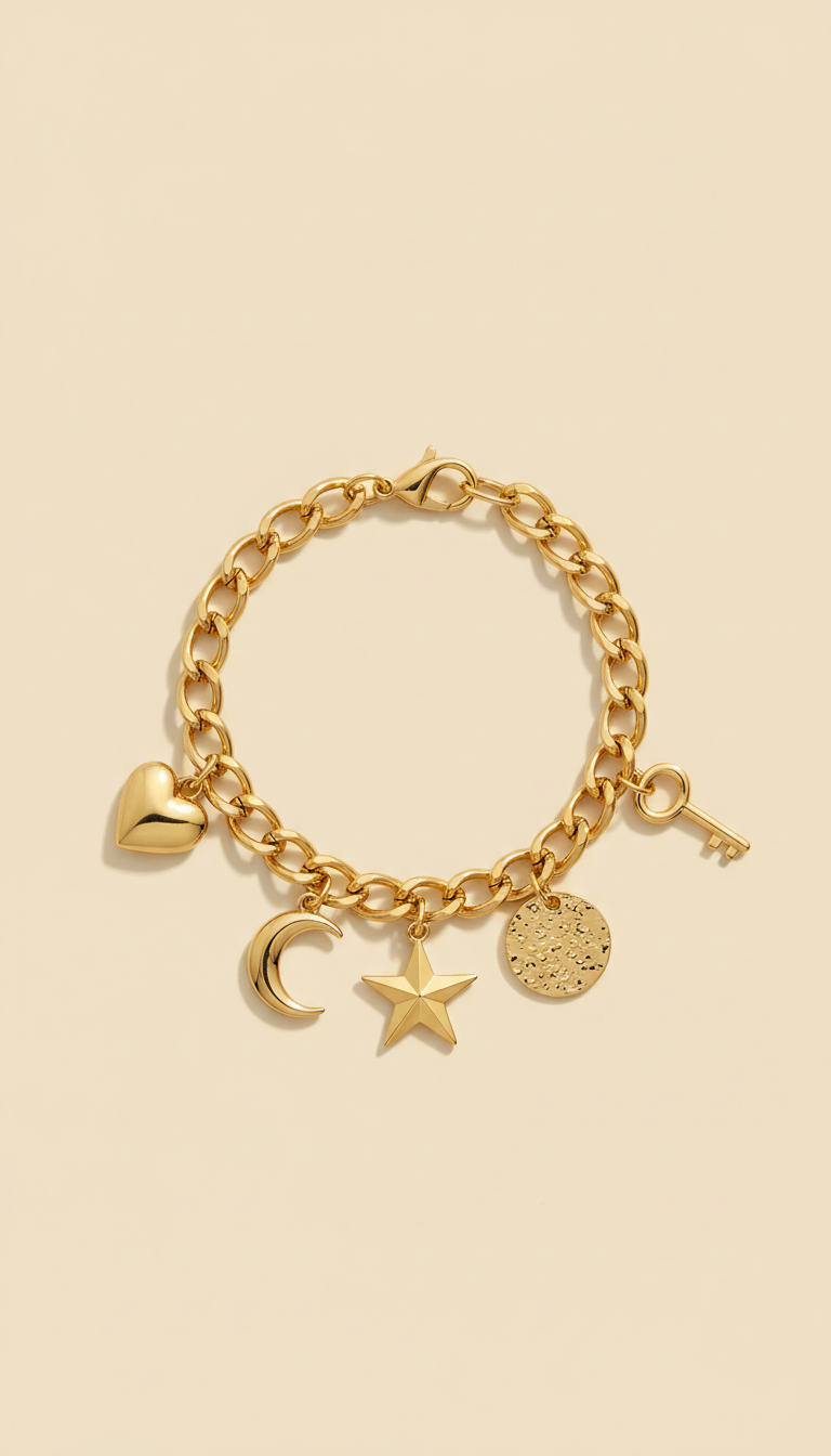 Gold-plated charm bracelet, 3/4 angle close-ups on textured surfaces (e.g., linen over wood). Products artfully arranged...