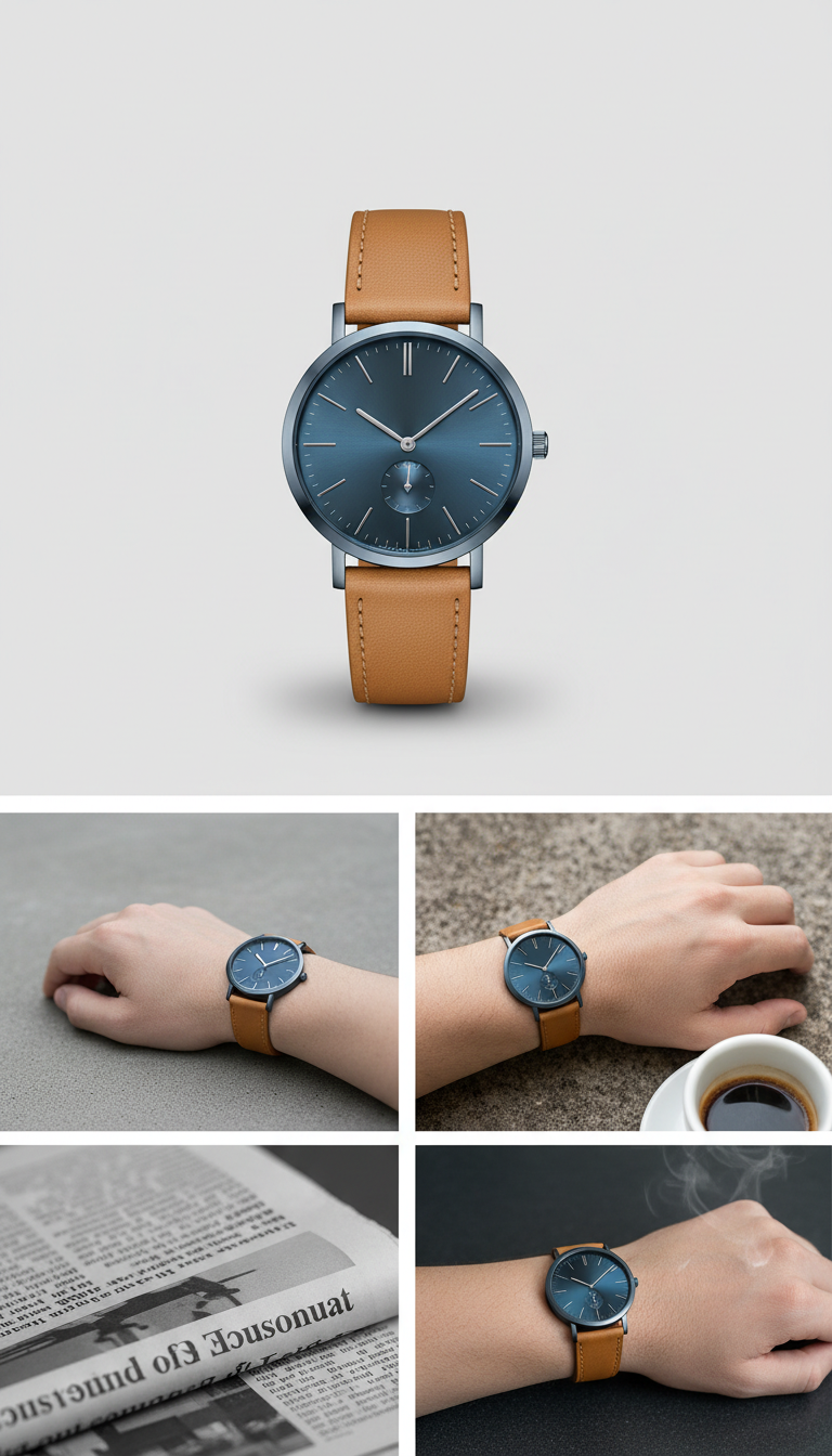 Steel Blue Minimalist Leather Watch, perfectly centered horizontally and vertically with equal negative space above and...