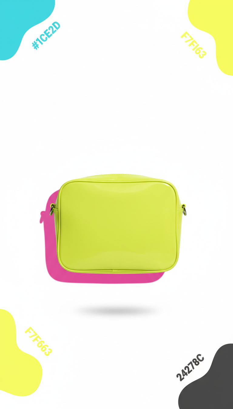 Neon Yellow vinyl crossbody bag, Three-quarter angle as default: products staged on acrylic risers or against stark...