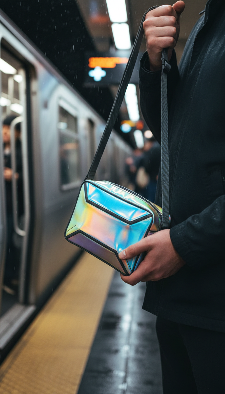Holographic crossbody mini bag in use