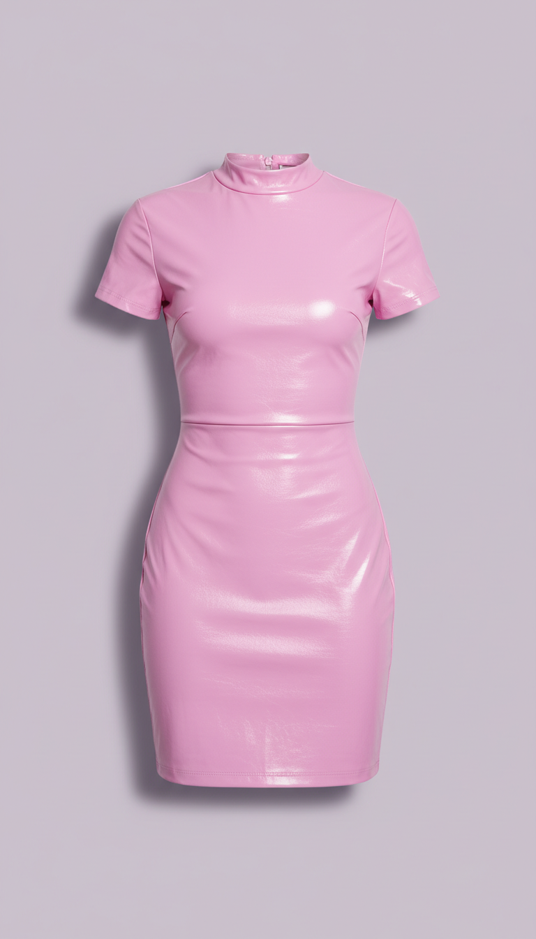 Bubblegum pink vinyl mini dress, Three-quarter angle as default—captures silhouette and garment details without...