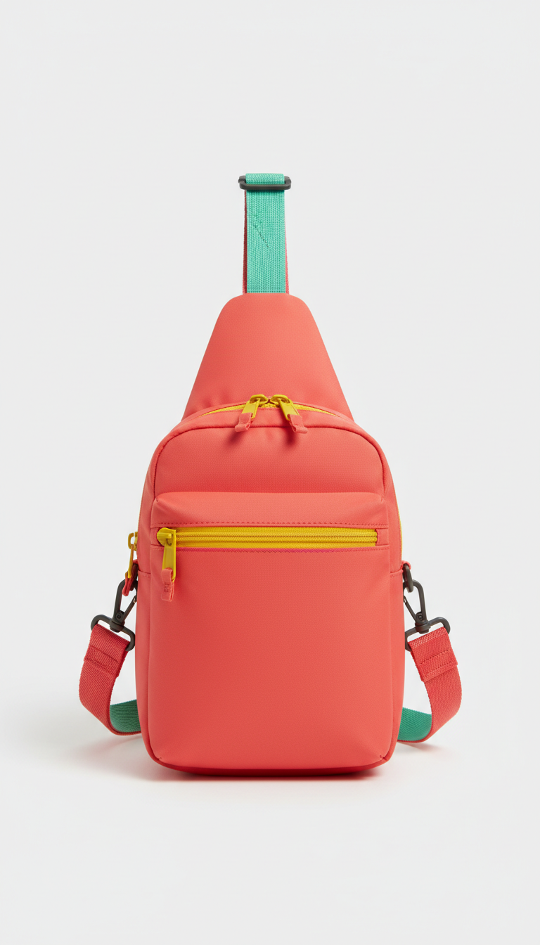 Coral Pop mini sling bag, Default angle is 3/4 hero — slightly elevated above product centerline to reveal top surfaces...
