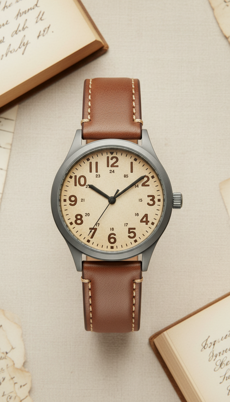 Vintage-inspired field watch with brown leather band, Three-quarter angle hero shot of each watch on a wood or leather...