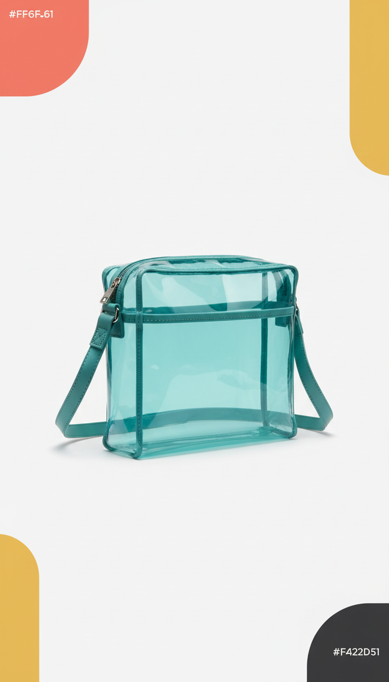 Teal clear crossbody bag, use a three-quarter angle to showcase the bag's design and transparency, with a clean, with the...