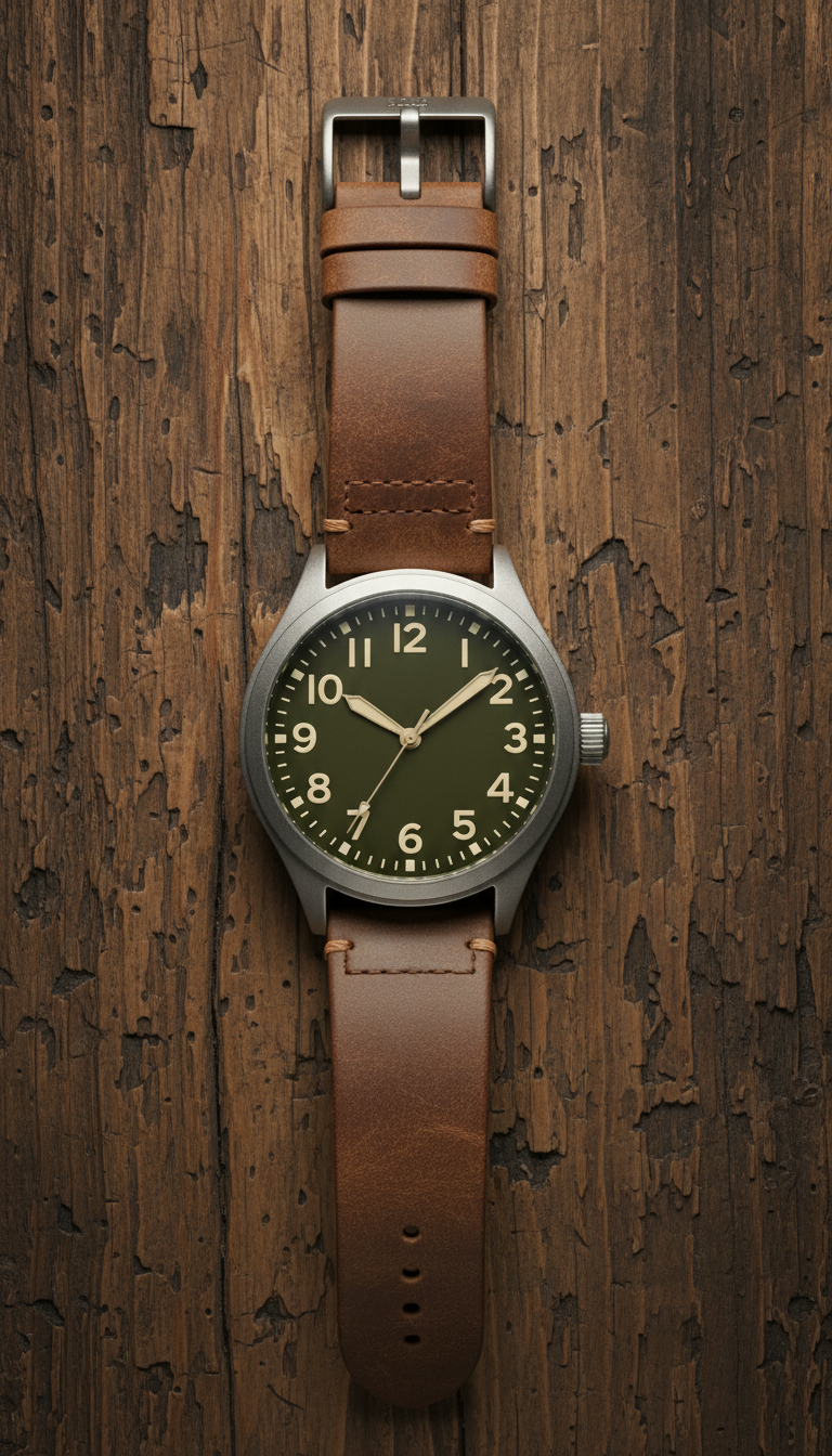 A leather-strap field watch with a robust, rugged aesthetic, positioned at the center of a weathered wood background. The...