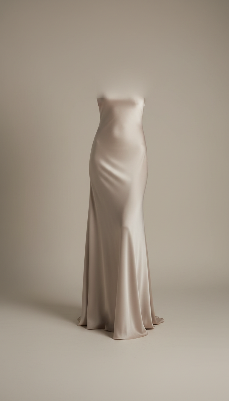 Silk crepe column gown, Garments photographed on-body at a gentle three-quarter angle against a seamless backdrop in Ivory...