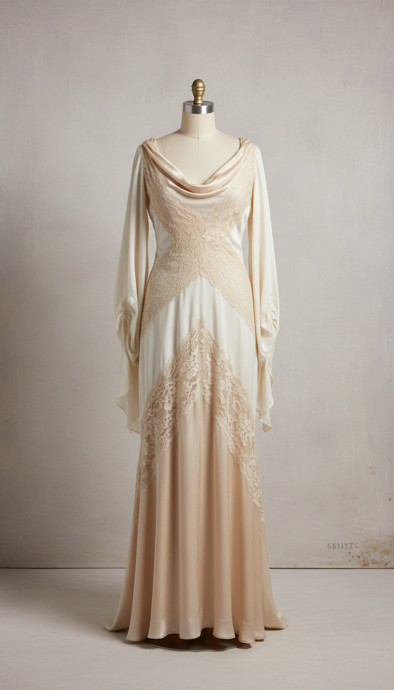 1930s silk bias-cut bridal gown, Three-quarter angle as default—gown displayed on a dress form or model against a softly...